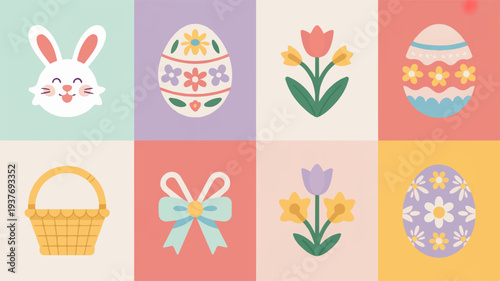 Easter themed illustration set with bunny eggs flowers and basket on colorful background perfect for spring holiday design