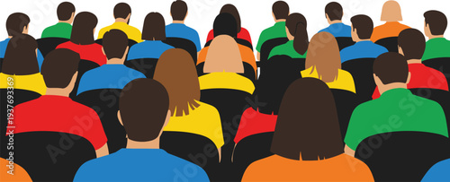 audience crowd sitting back view, conference seminar attendees illustration, people watching presentation, business event gathering, seminar audience vector