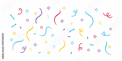Colorful confetti and abstract shapes scattered across a white background