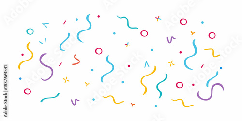 Colorful confetti and abstract shapes scattered across a white background