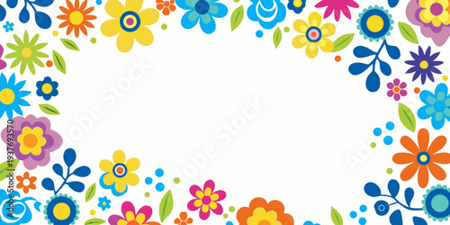 Colorful floral border with various stylized blossoms and vibrant hues