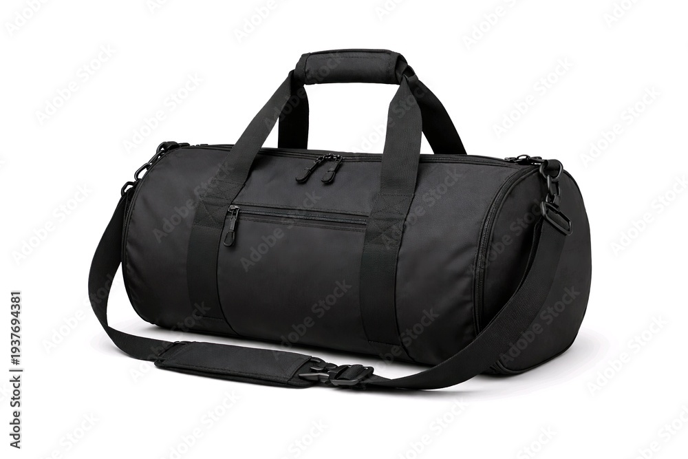 Fototapeta premium Black Cylindrical Gym Bag Isolated on White Background