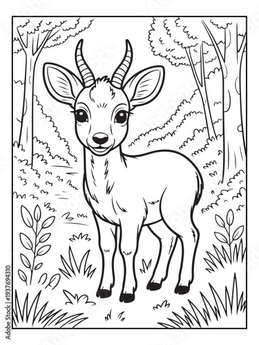 Cute animals with a forest background for kids, teens, and adults. Black and white coloring activity book.