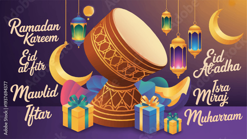 Islamic festive illustration with drum lanterns gifts and crescent moons on purple background for ramadan kareem eid al fitr mawlid al nabi eid al adha