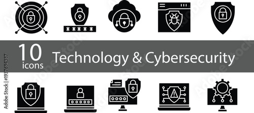 Technology and Cybersecurity Icon Set – Data Protection, Network Security, Cloud, AI and Digital System Line Vector Icons