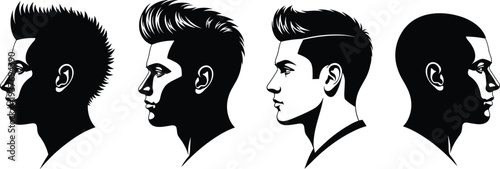 men hairstyle silhouette side profile set, male head silhouettes collection, barber hairstyle illustration, modern haircut styles, grooming vector