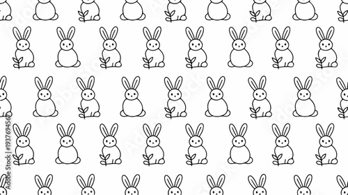 Many cute rabbits standing in rows on white background simple line art illustration for easter or spring themes
