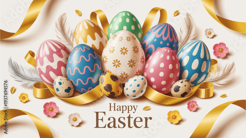 Colorful easter eggs with happy easter text and gold ribbons on white background for spring celebration