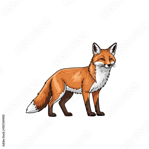 Cartoon red fox standing on white background looking sideways