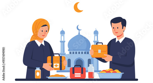 Business professionals discussing travel plans at airport check-in counter with moon and mosque illustration