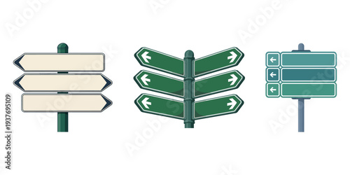 Signpost Trio: A collection of modern and stylized signposts point the way, presenting a versatile array of direction choices for navigation and guidance.