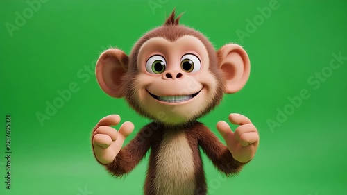 Cartoon Monkey Gestures on Green Screen.