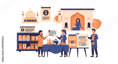 Business team celebrating success with financial growth charts and mosque architecture background