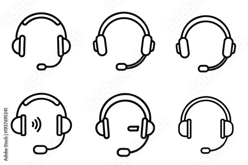 Headset and headphones line icon set with microphone, call center customer support, gaming earphone, audio communication, wireless music gadget more vector illustration or editable stroke.