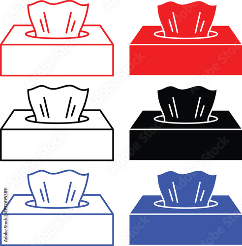 Tissue box icon set with napkins and paper towel dispenser in red black and blue outline and filled