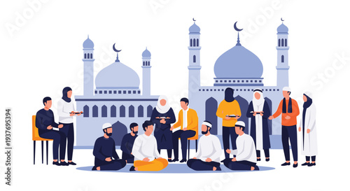 Diverse group of people praying at mosque during Ramadan with Islamic architecture background