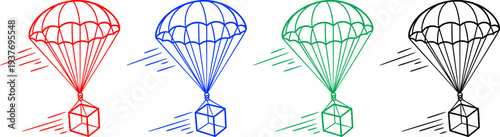 Parachute dropping a box vector icon set in red blue green and black colors