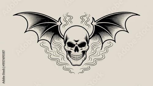 Detailed illustration of a menacing skull with bat wings and smoke on a gray background