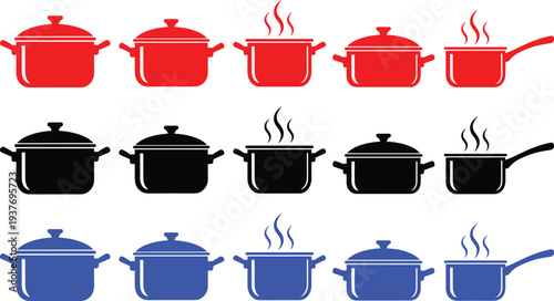 Collection of cooking pots and pans in red black and blue colors with steam on transparent