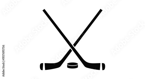 A minimalist depiction of crossed hockey sticks and a puck presented in stark black silhouette high quality professional