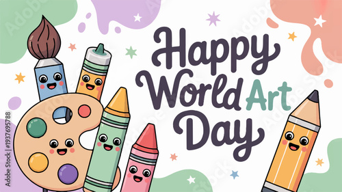 Colorful art supplies celebrate happy world art day with smiling crayons and paints on white background