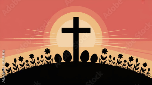 Silhouette of people with a cross on a hill at sunset with flowers symbolizing hope and faith in a serene landscape
