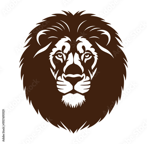 Brown lion head with long mane and white markings on face looking forward  animal symbol