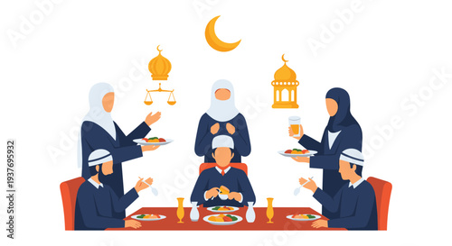 Muslim family celebrating Eid al-Fitr iftar dinner with traditional food and lanterns