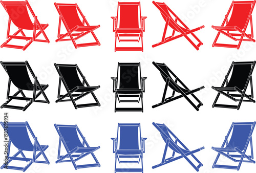 Collection of red black and blue deck chairs on transparent background beach leisure and outdoor relaxation furniture