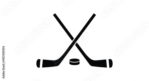 A striking black silhouette depicts crossed hockey sticks and a puck on white a minimalist design silhouette