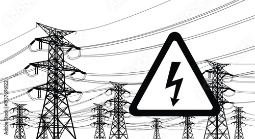A stark depiction of electrical towers and a warning sign rendered as a bold silhouette high quality professional