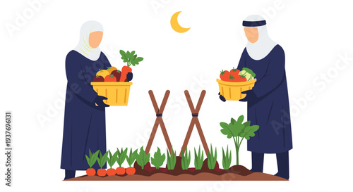 Nuns harvesting fresh vegetables in garden at sunset with crescent moon and wooden cross