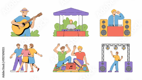 People enjoying outdoor music festival with live band and dj dancing and having fun in summer