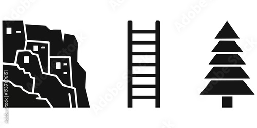 Ancient Cliff Dwelling, Wooden Ladder, and Minimalist Pine Tree Silhouette Vector Set