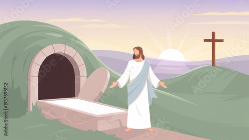 Jesus christ standing outside empty tomb with cross on hill at sunrise symbolizing resurrection and hope