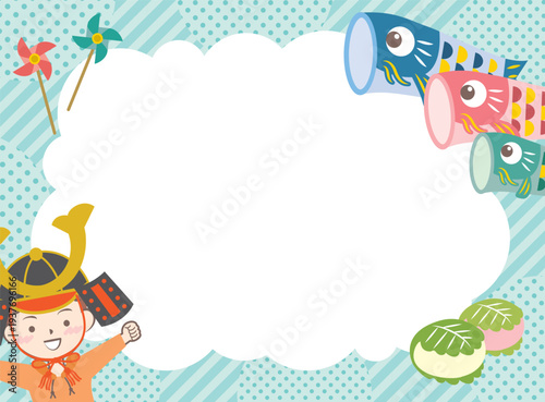 兜を被った男の子と鯉のぼりのフレーム　こどもの日