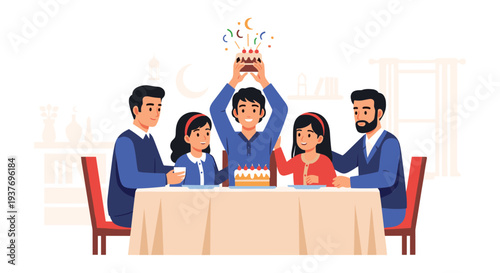 Happy diverse business team celebrating success with cake at office party table
