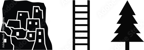Ancient Cliff Dwelling, Wooden Ladder, and Minimalist Pine Tree Silhouette Vector Set