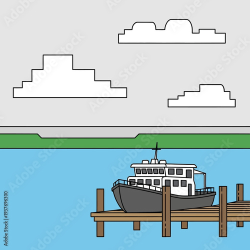 A cartoon boat docked at a wooden pier on a serene body of water.