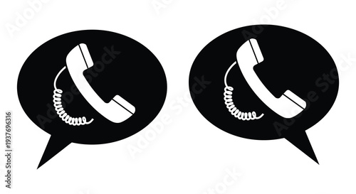 Two black speech bubbles each contain a white telephone handset a striking silhouette high quality professional detailed modern