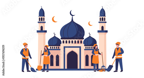 Muslim workers cleaning mosque exterior during Ramadan with crescent moon illustration