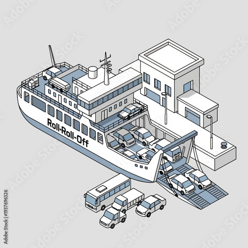 Isometric illustration of a Roll-on/Roll-off ship at a port terminal with vehicles.