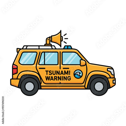 Yellow SUV with tsunami warning sign and loudspeaker on top