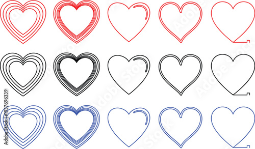 Heart shapes in red, black and blue outlines on transparent background, abstract design