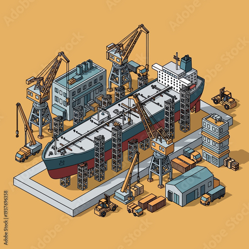 Isometric illustration of a shipyard with cranes and industrial equipment.