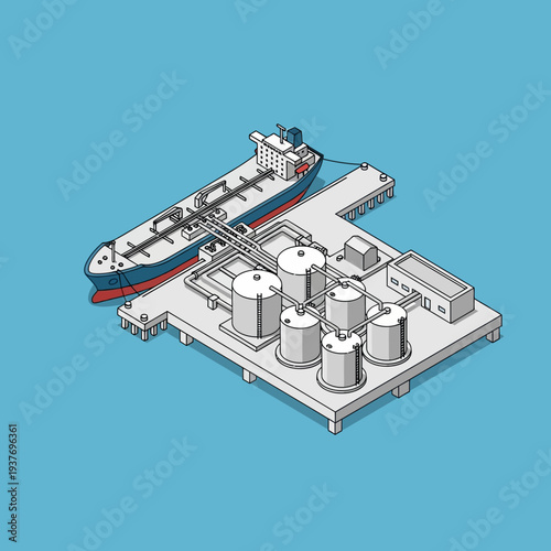 Isometric illustration of an oil refinery with a tanker ship docked.