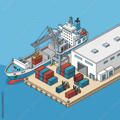 Isometric illustration of a cargo ship unloading containers at a dockyard.