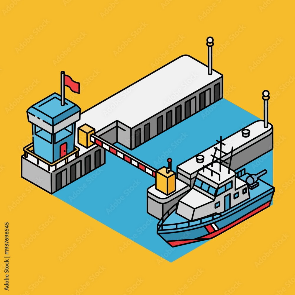Naklejka premium Isometric Illustration of Industrial Harbor Facility with Tugboat.