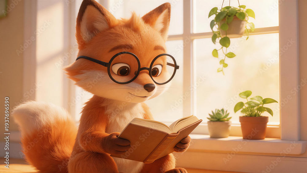 Naklejka premium Adorable cartoon fox wearing glasses reads a book by a sunlit window with potted plants, symbolizing learning, literacy, and cozy indoor education.