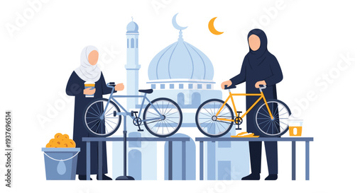 Muslim couple with bicycles at mosque during prayer time in modern cityscape